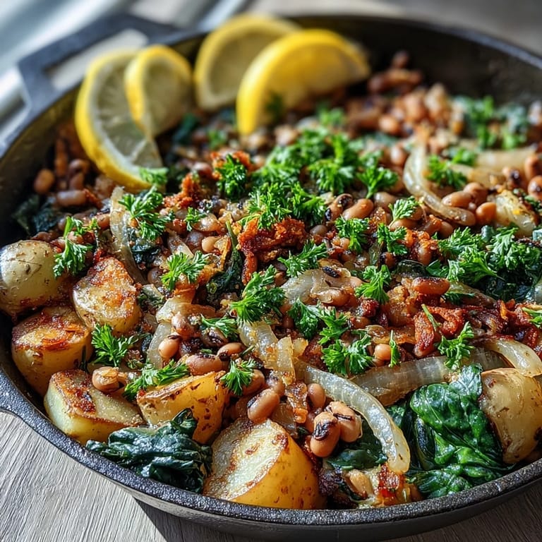 Serving suggestion for a vegetarian Black-Eyed Pea Skillet Dinner, spooned onto a plate with a side of cornbread for a comforting Southern-inspired meal.