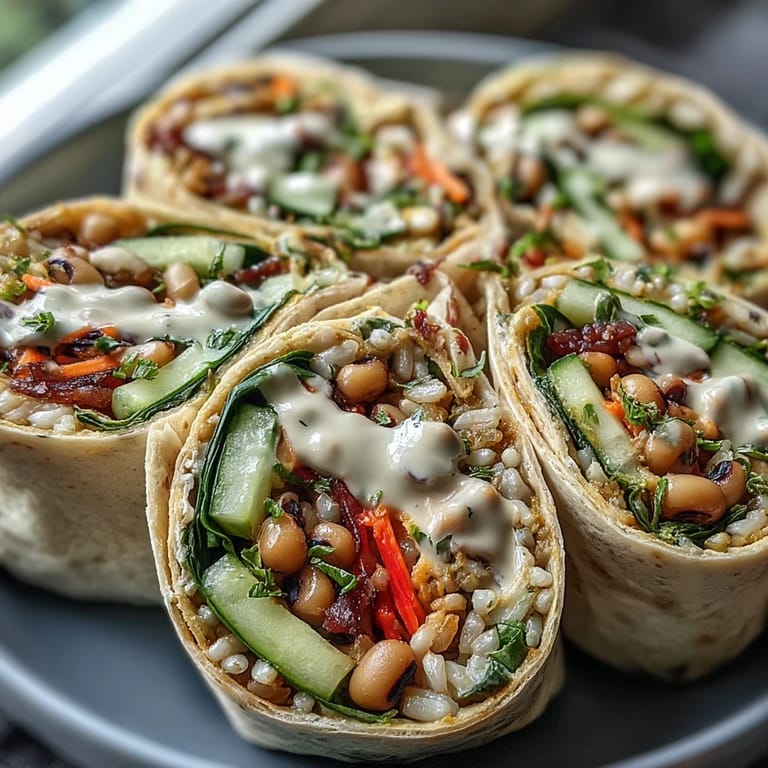A close-up of vibrant Black-Eyed Pea Wraps, showcasing colorful layers of spinach, carrots, and bell peppers drizzled with lemon-tahini dressing.