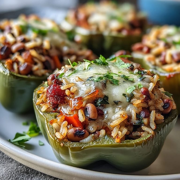 Golden baked Black-Eyed Pea Stuffed Peppers sit in a ceramic dish, garnished with fresh parsley and ready to serve warm.