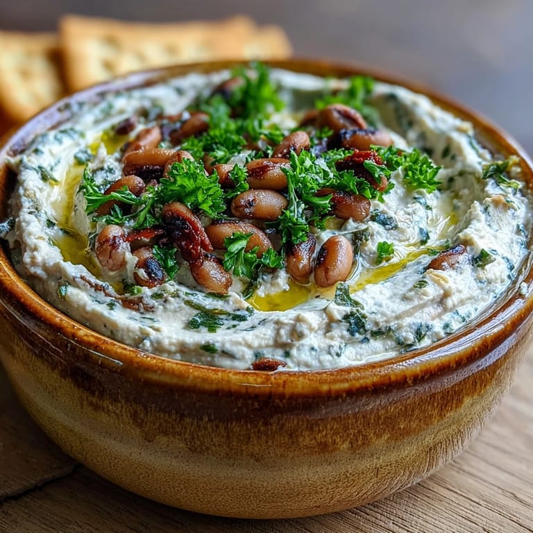 Freshly prepared Smashed Black-Eyed Peas with minced garlic, ready to be spread on crackers for a savory appetizer.