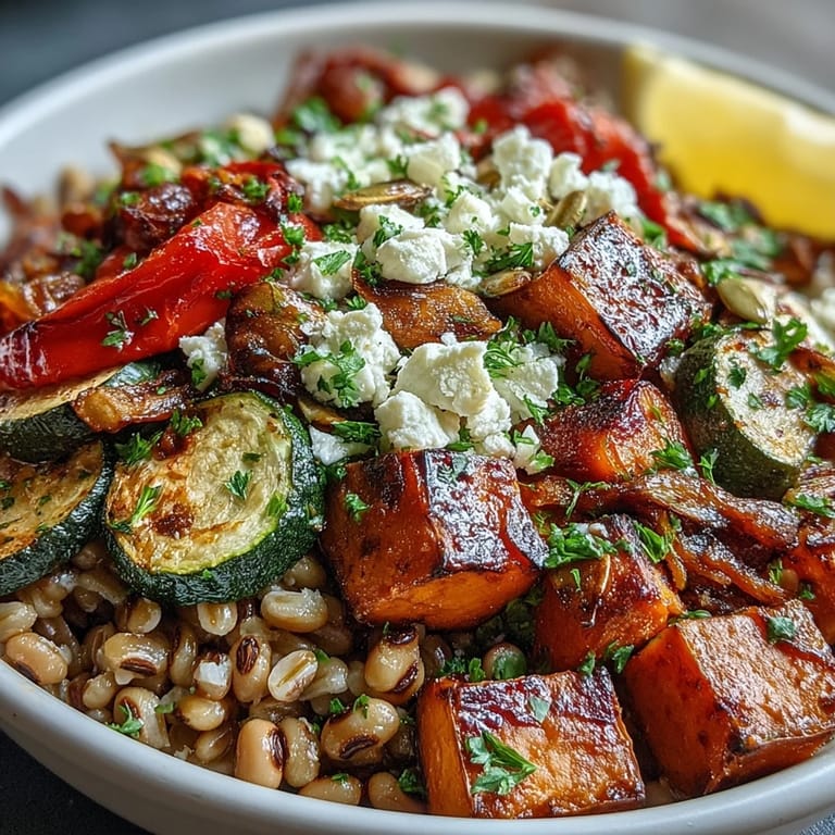 Enjoy a hearty Black-Eyed Pea Grain Bowl for lunch or dinner, featuring warm roasted vegetables, fresh herbs, and a zesty lemon wedge for a refreshing citrus boost.