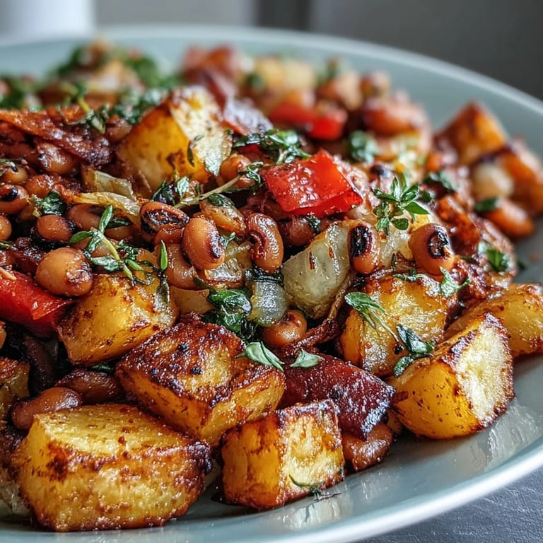 Freshly garnished Black-Eyed Pea Hash featuring tender vegetables and smoky paprika, ready to be enjoyed alongside eggs or alone.