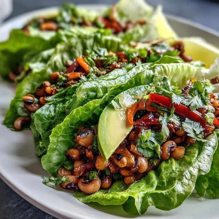 Hearty Black-Eyed Pea Lettuce Wraps topped with creamy avocado slices and hot sauce, served as a colorful vegetarian light meal.