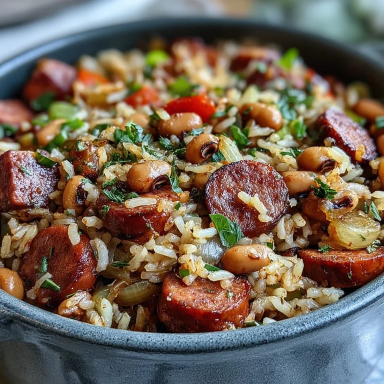 A close-up shot reveals savory Black-Eyed Pea Jambalaya served in a rustic bowl, garnished with fresh parsley and spring onions.