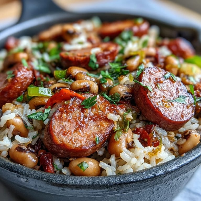 Hearty Cajun Black-Eyed Pea Jambalaya in a Dutch oven, featuring a rich, tomato-based broth and colorful vegetables.