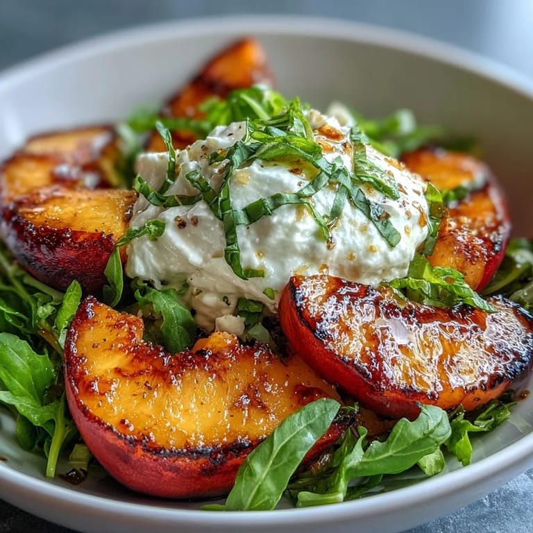 Sweet, smoky grilled peaches paired with fresh burrata and honey, served on a bed of arugula for a Mediterranean-inspired dish.