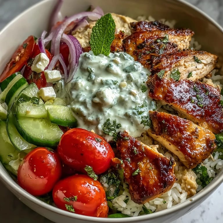Hearty Greek Chicken Bowls, showcasing tender chicken and a fresh dill sauce.