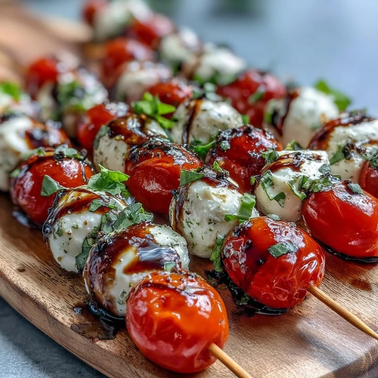 Vibrant Caprese skewers appetizer elegantly drizzled with a sweet balsamic glaze.