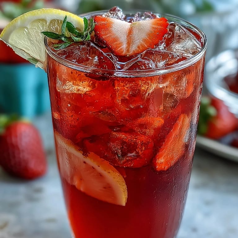 Festive Juneteenth Red Drink with strawberries, lemon, and hibiscus, perfect for parties.