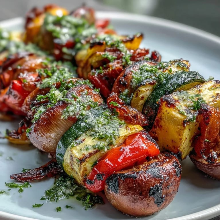 Deliciously charred grilled veggie kabobs drizzled with homemade, herb-packed chimichurri sauce.