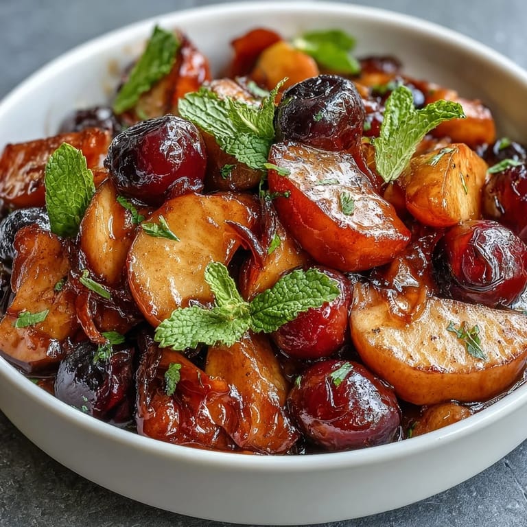 Aromatic Warm German Fruit Salad served in a bowl with optional nuts and mint.