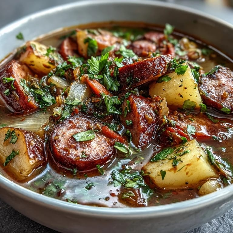 Savory Quick German Sausage Soup, showcasing sliced sausage and diced potatoes in rich broth.