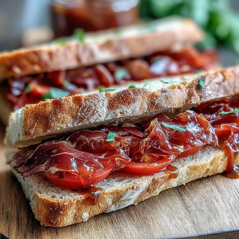 Easy Iberian ham sandwich with vibrant tomato and savory, thinly sliced ham.