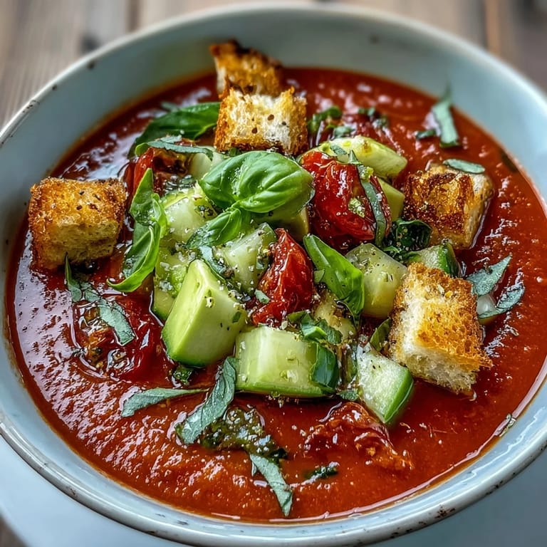 Bright red gazpacho twist garnished with creamy avocado and herbs.