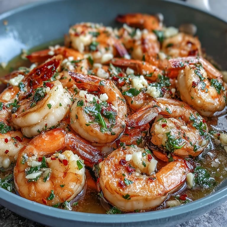 Tender Garlic Shrimp Simplified, glistening in lemon-parsley garlic sauce, plated for dinner.