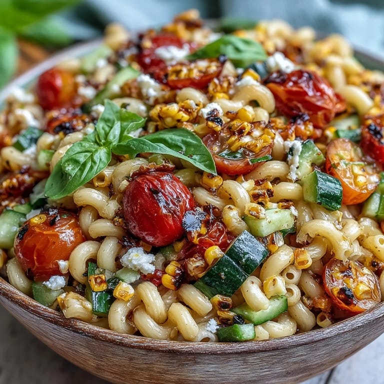 This fresh pasta salad bursts with sweet corn, juicy tomatoes, ideal for outdoor dining.