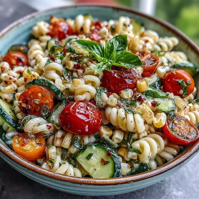 Summer corn and tomato pasta salad featuring colorful vegetables, ready for your BBQ.