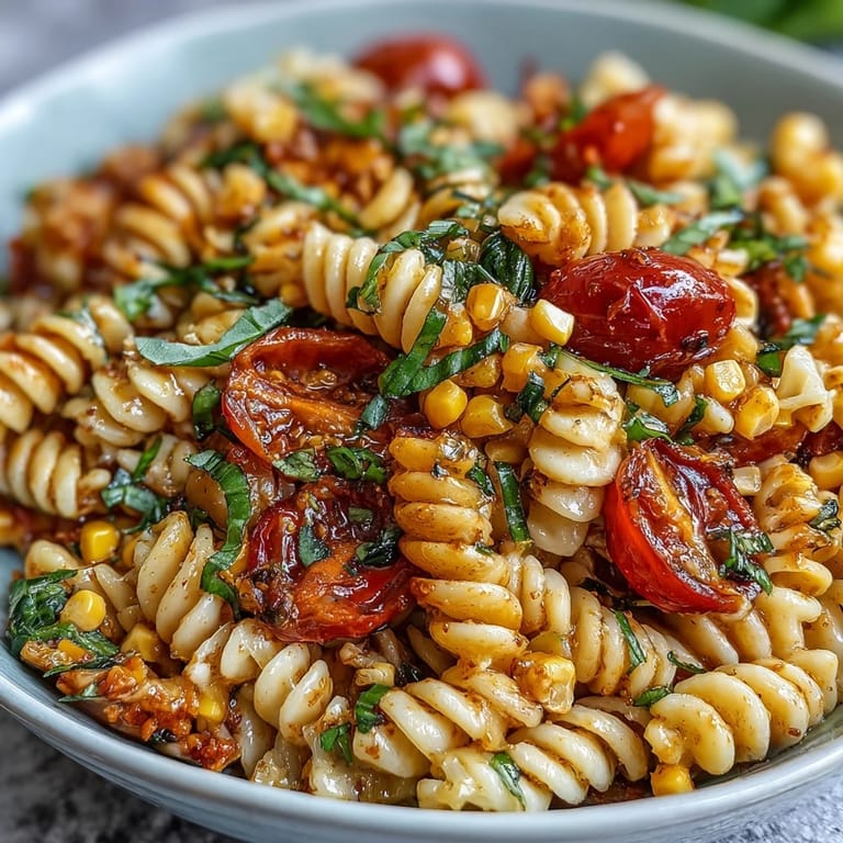 Hearty summer corn and tomato pasta salad tossed with zesty vinaigrette, ready to serve.