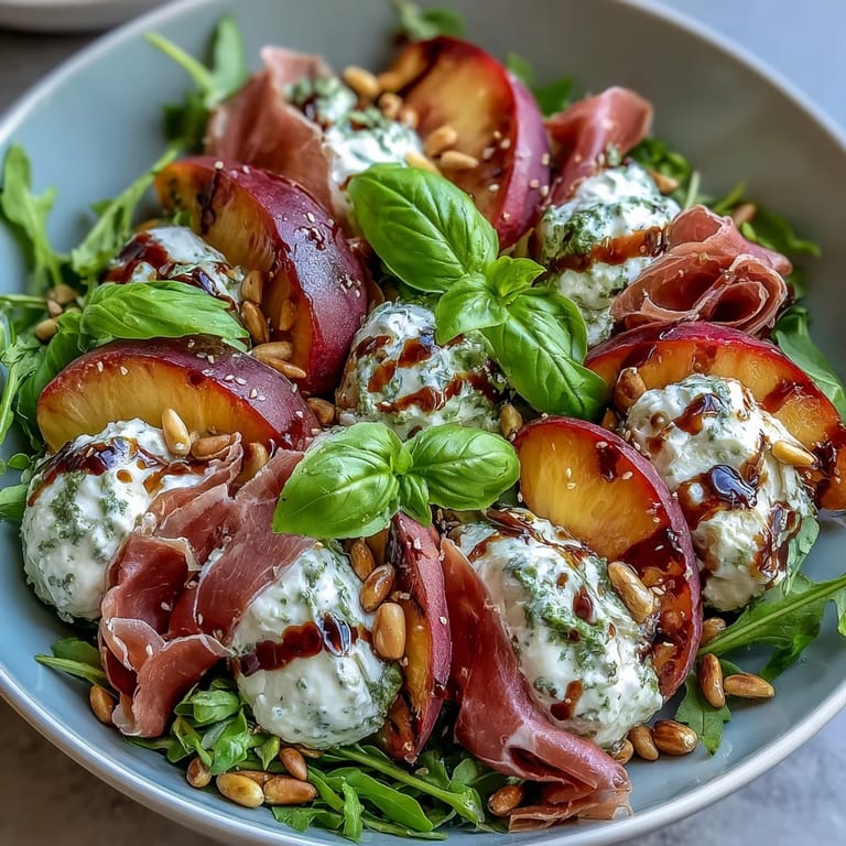 Beautifully plated Peach Burrata Prosciutto Salad, a delightful balance of sweet and salty.