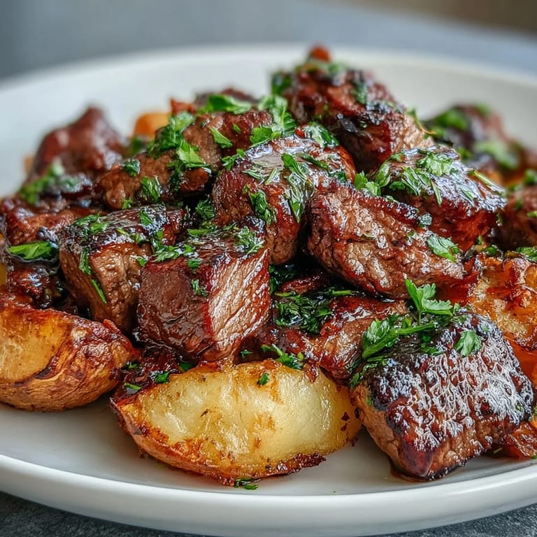 Juicy pan-seared steak bites coated in rich garlic butter with roasted baby potatoes.