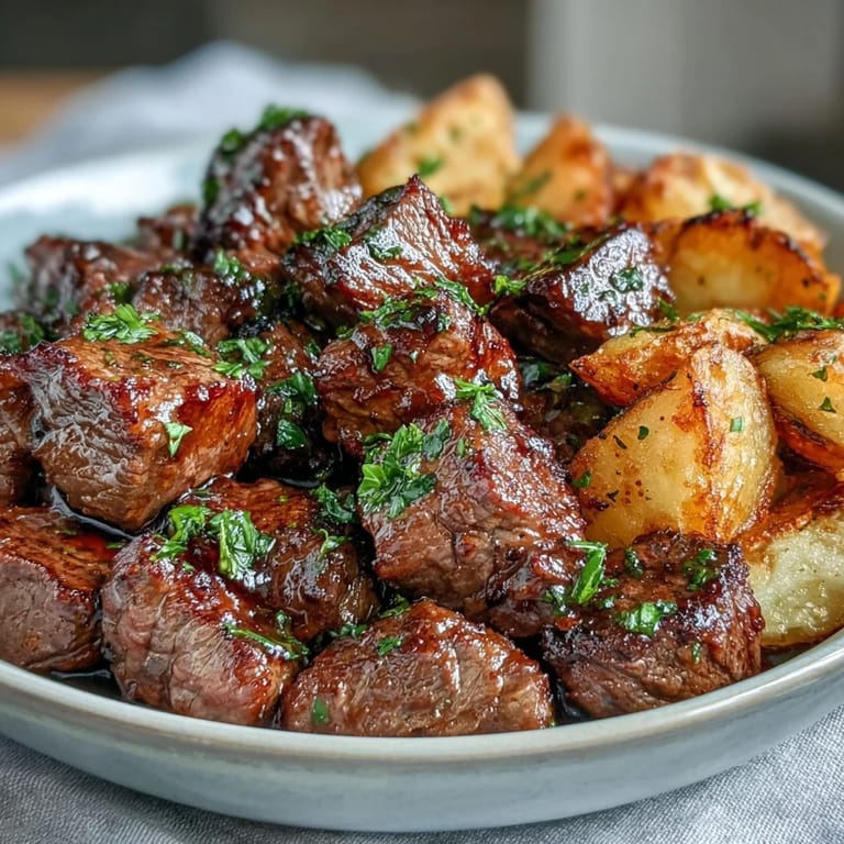 Hearty garlic butter steak bites and potatoes, ready for a delicious dinner spread.