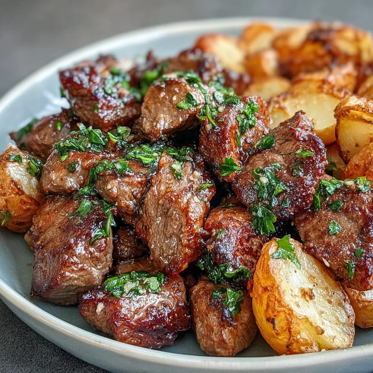 Savory Garlic Butter Steak Bites and Potatoes, ready for a delicious dinner.