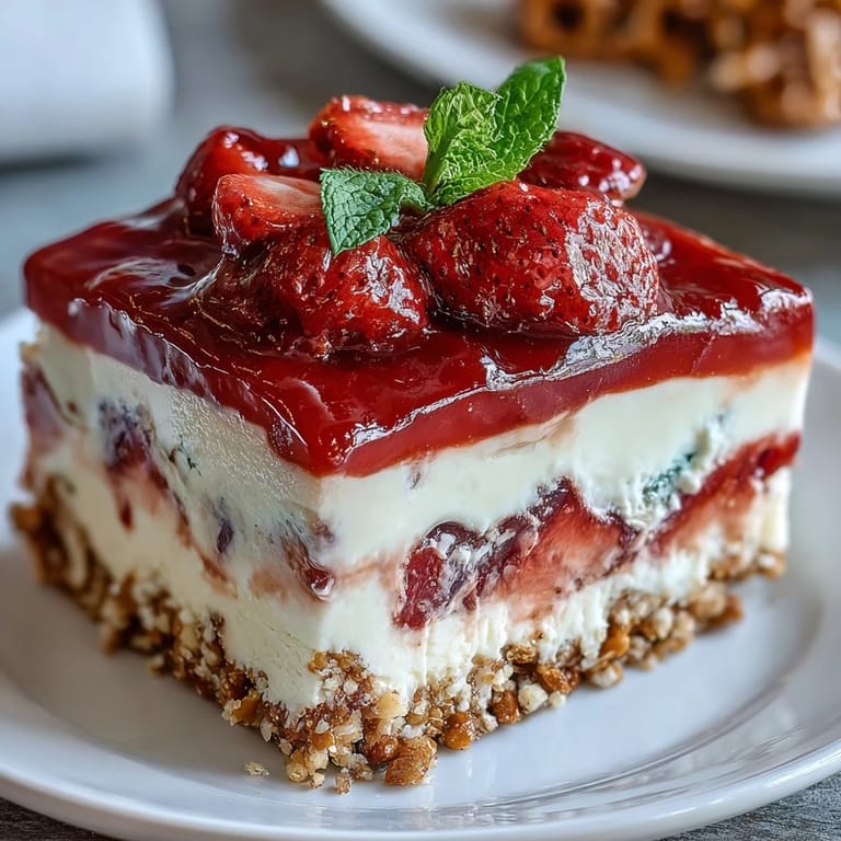 Delicious Strawberry Pretzel Jello Salad ready for slicing, with fresh berries.
