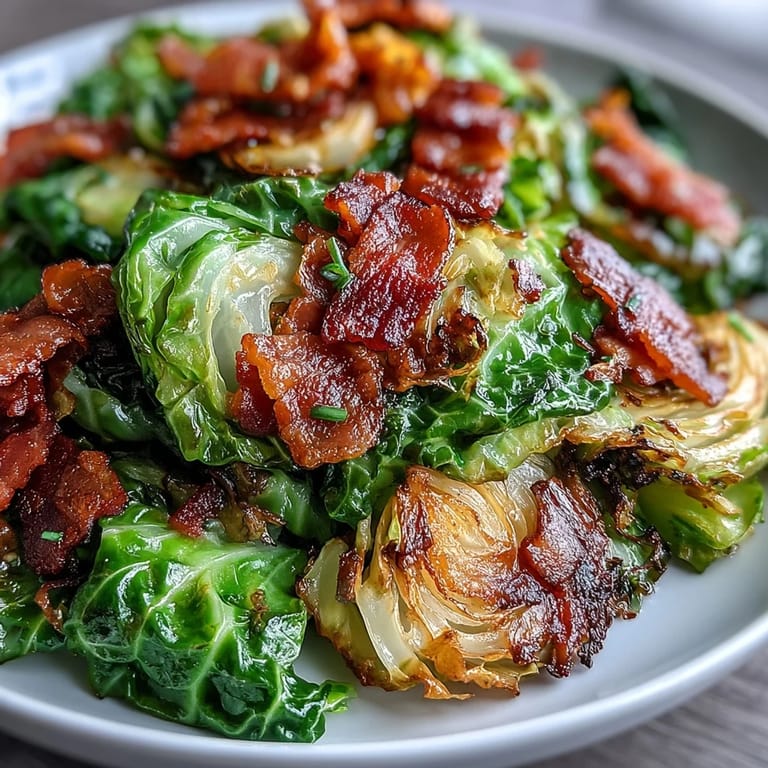 Savory fried cabbage and bacon dish, perfect with crusty bread.