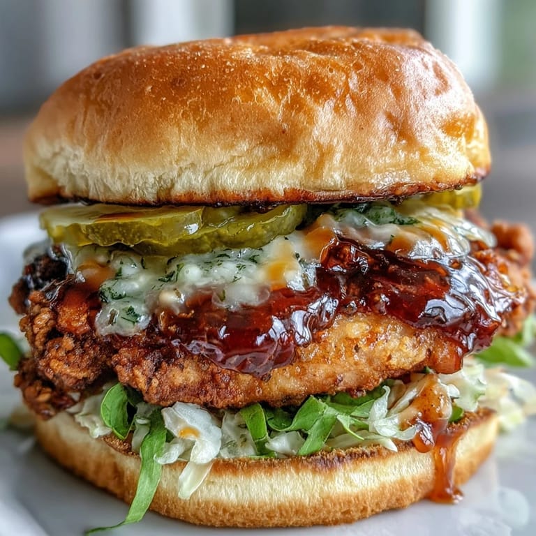 Golden fried chicken sandwich with spicy hot honey drizzle, served on a bun.