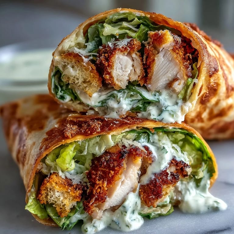 Plump chicken Caesar wraps, a satisfying portable meal with crunchy, savory textures.