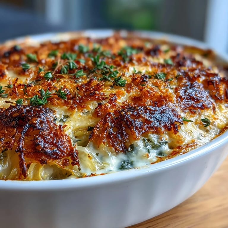 Savory baked gratin with tender cabbage and sweet onions, cheesy top.
