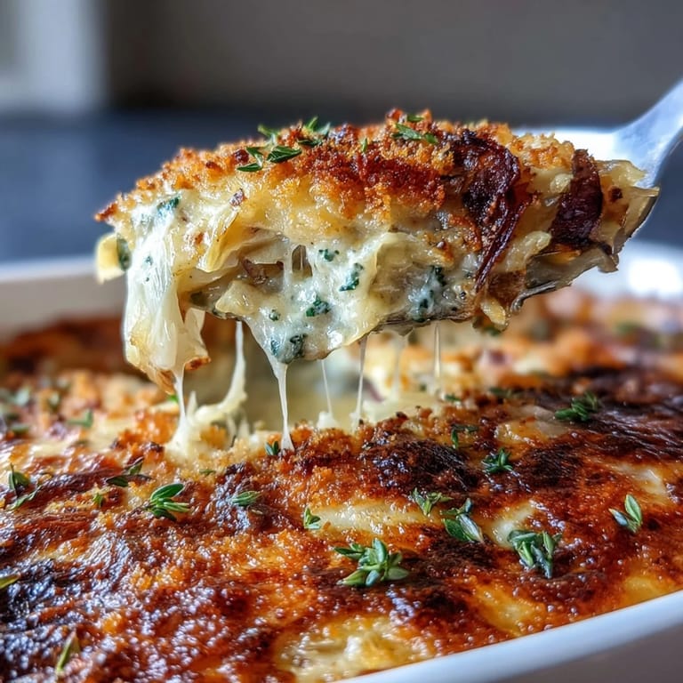 Comforting vegetarian gratin featuring caramelized onions and melted Gruyère cheese.