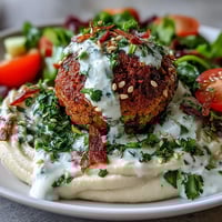 Crispy golden falafel balls rest on creamy hummus, topped with fresh greens, cherry tomatoes, and cucumber for a vibrant Mediterranean bowl.