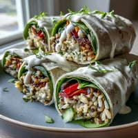 Freshly prepared Black-Eyed Pea Wraps featuring whole wheat tortillas filled with seasoned peas, crisp veggies, and creamy tahini sauce.