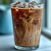 A chilled Iced Hojicha Latte with roasted green tea flavor and creamy milk over ice, served in a glass.  