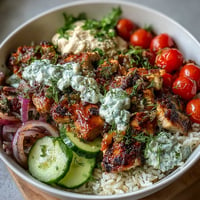 Vibrant Greek Chicken Bowls overflowing with colorful veggies, creamy tzatziki, and hummus.