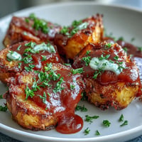 Crispy Quick Patatas Bravas topped with vibrant tomato sauce and creamy aioli.