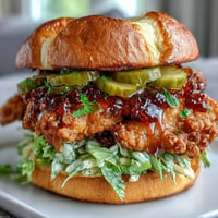 Crispy Hot Honey Chicken Sandwich glistening, a sweet heat sandwich ready to devour.