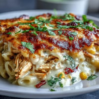Creamy Street Corn Chicken Pasta Bake, topped with bubbling golden cheese and fresh cilantro.