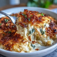 Golden caramelized onion cabbage gratin bubbling in a dish.